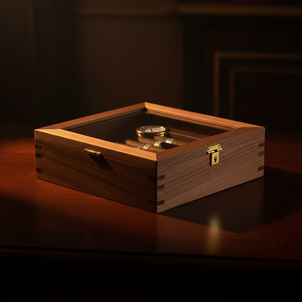 The Cabinet Glass Top Walnut Desktop Humidor by Legacy Cigar Lounge
